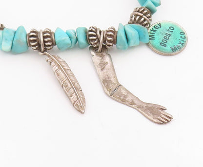 925 Sterling Silver Vintage Bracelet Beaded Turquoise With Etched Charms BT11857