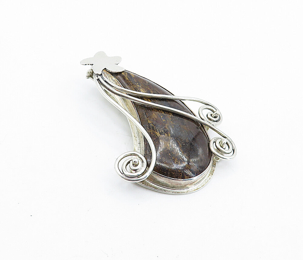 925 Sterling Silver  Vintage Brown Jasper Shiny Spiral Star Pendant  PT3284