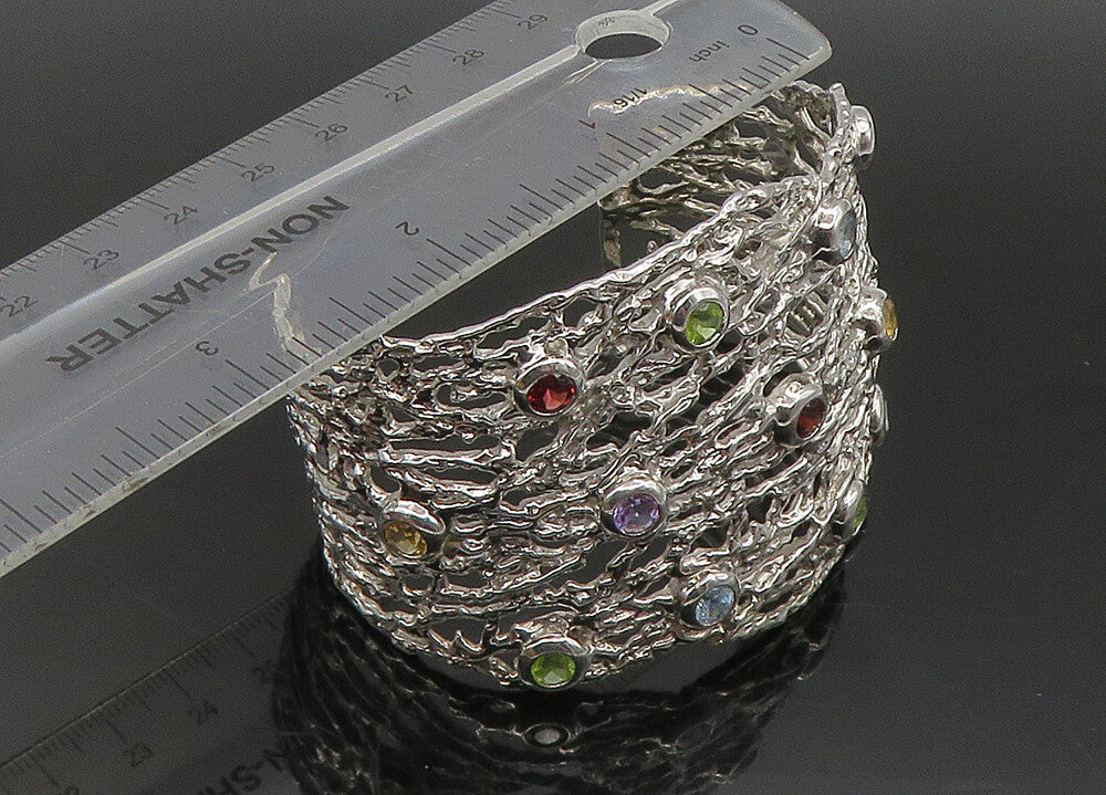 925 Silver Vintage Topaz Peridot & Multi Stone Sculpted Cuff Bracelet BT8996