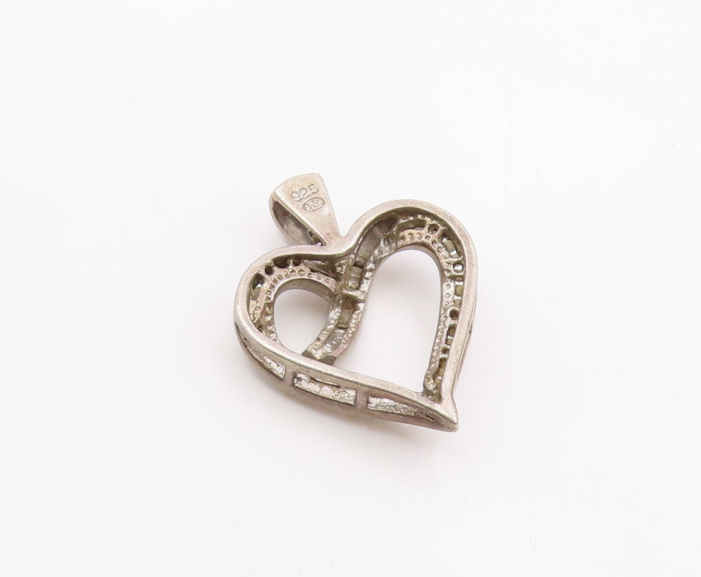 925 Sterling Silver  Vintage Genuine Diamonds Open Love Heart Pendant  PT21503