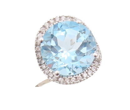 925 Sterling Silver Vintage Ring Round Cut Blue Halo White Topaz  Sz 7  RG30031