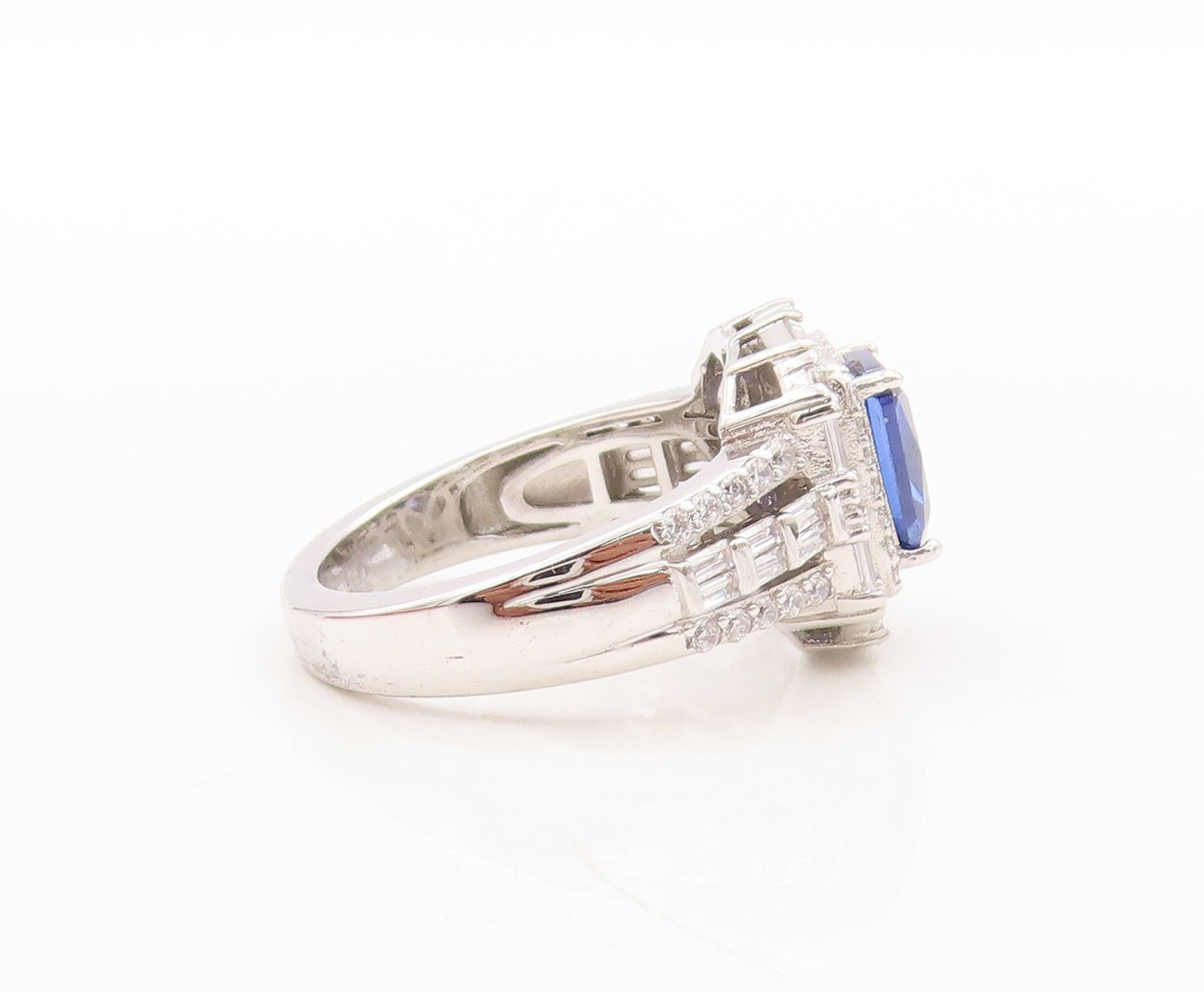 925 Sterling Silver Vintage Ring Designer Rectangle Sapphire & CZ  Sz 7 RG30895