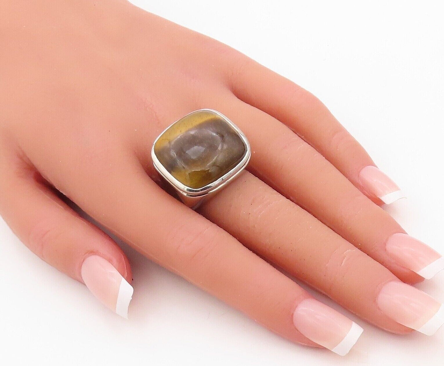 925 Sterling Silver Vintage Ring Modernist Square Tigers Eye  Sz 7.5  RG30332