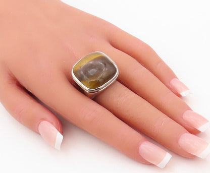 925 Sterling Silver Vintage Ring Modernist Square Tigers Eye  Sz 7.5  RG30332