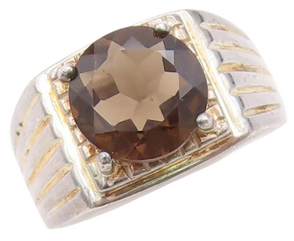 925 Sterling Silver Vintage Ring Grooved Lines Round Smoky Quartz Sz 8.5 RG31673