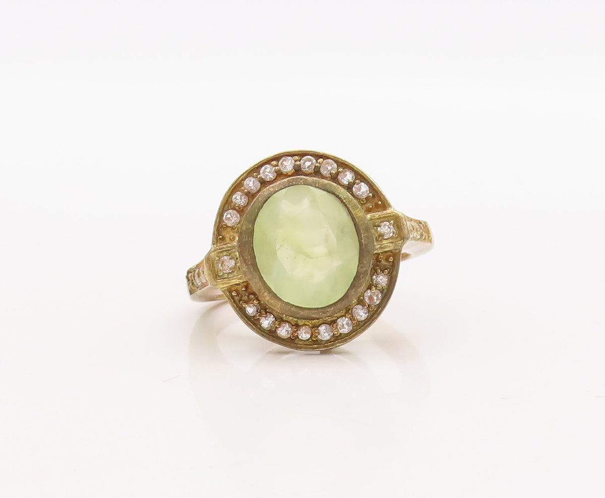 925 Sterling Silver Vintage Ring Gold Plated Green Gemstone & CZ  Sz 7  RG29818
