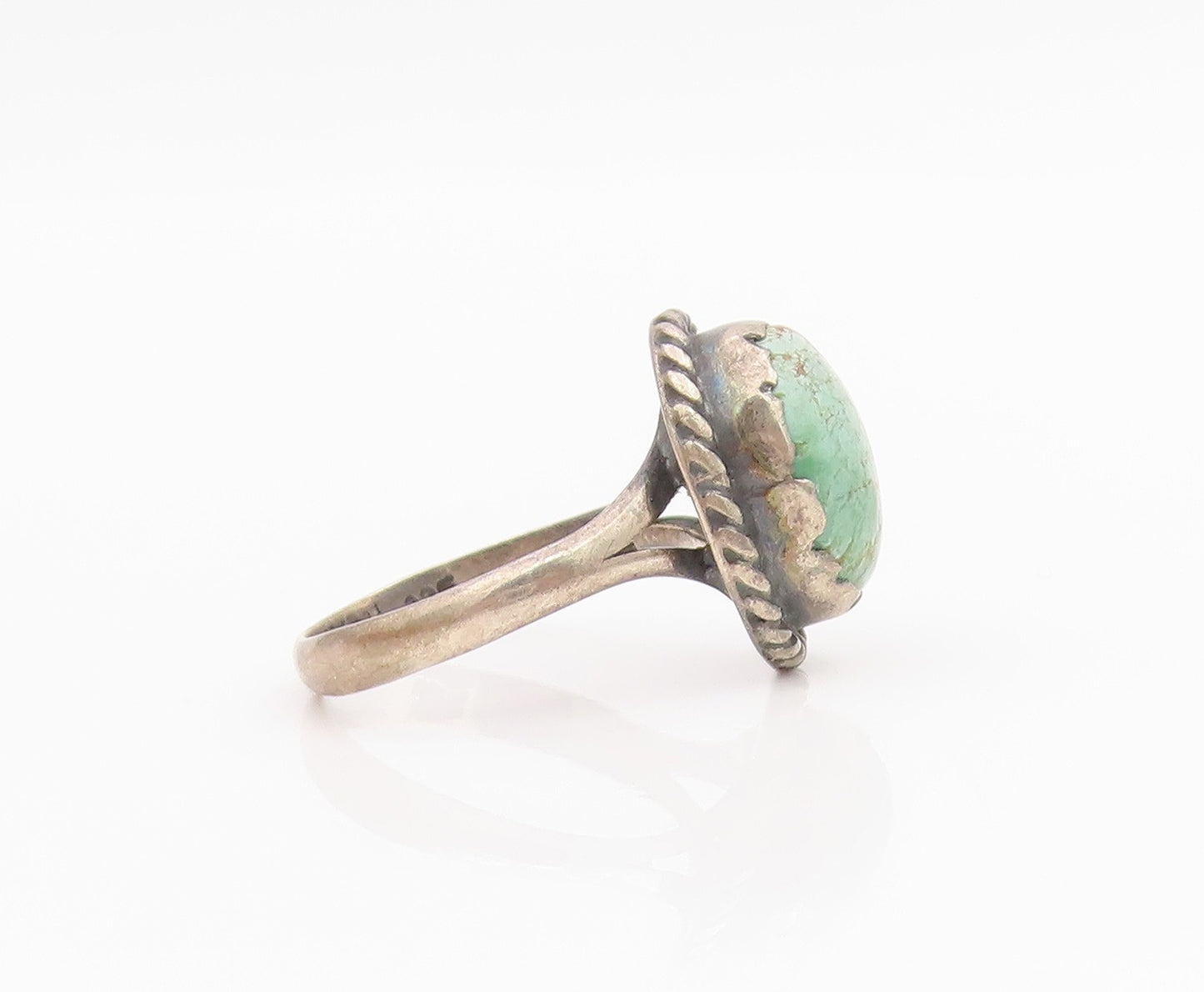 925 Sterling Silver Vintage Ring Green Turquoise Halo Rope Edge  Sz 8.5  RG34196
