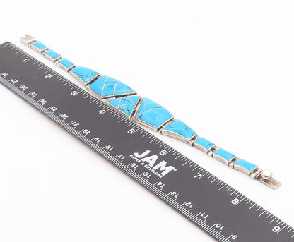 925 Sterling Silver Vintage Bracelet Modernist Cabochon Turquoise Link  BT12187