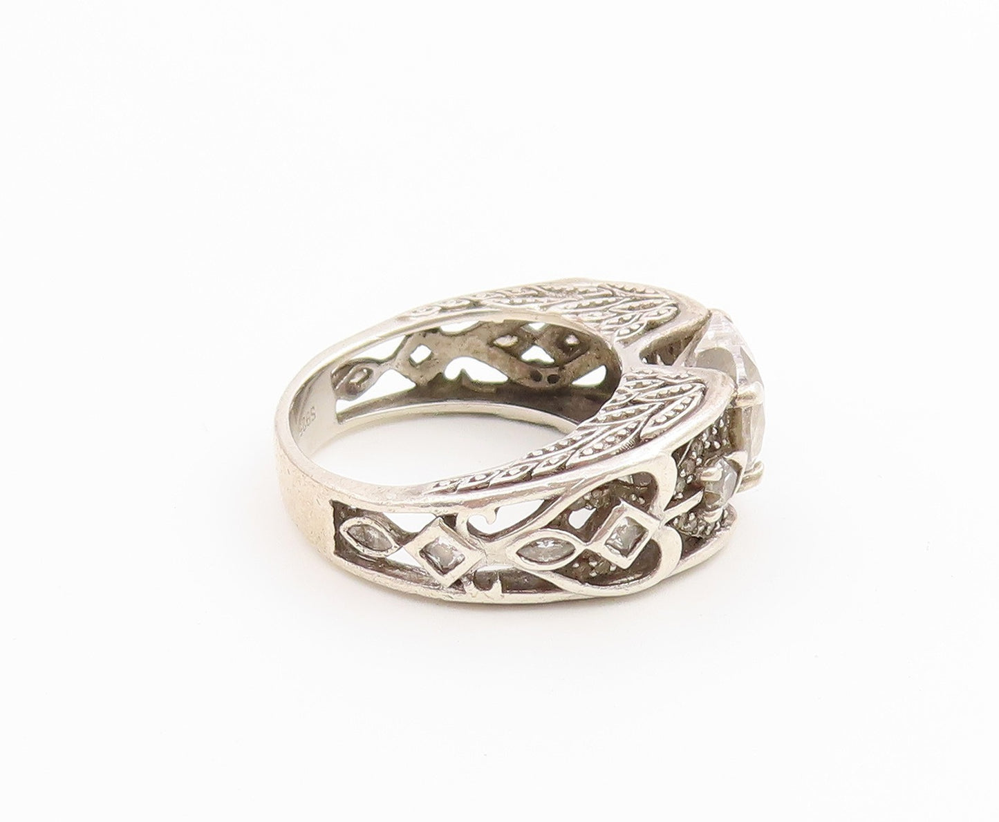 925 Sterling Silver Vintage Ring VANCARO CZ Love Heart Openwork  Sz 7  RG36672