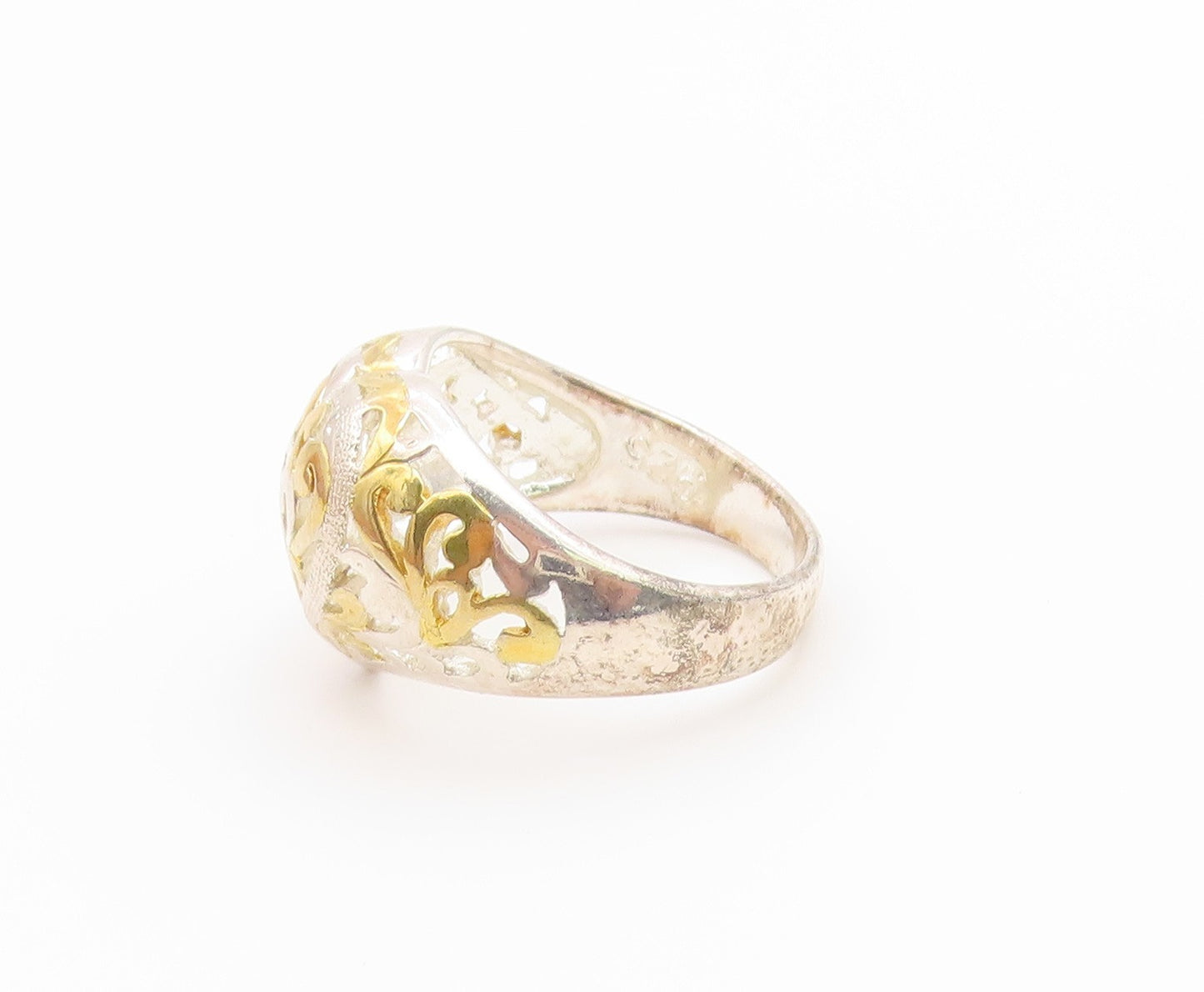 925 Sterling Silver Vintage Ring Two Tone Love Heart Scroll Band  Sz 7  RG36710