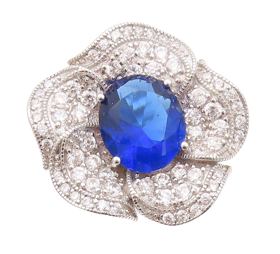 925 Sterling Silver Vintage Ring Oval Sapphire & CZ Inlay Flower Sz 7.5  RG30236