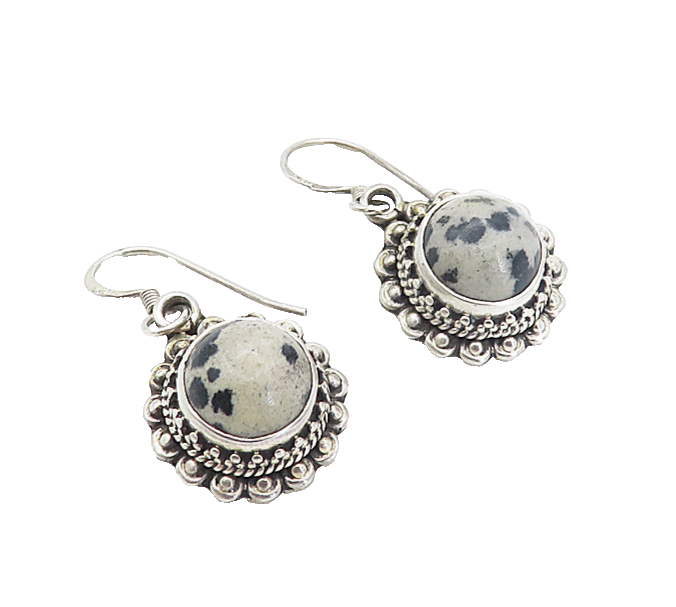 925 Sterling Silver  Vintage Cabochon Cut Spotted Jasper Drop Earrings  EG3436