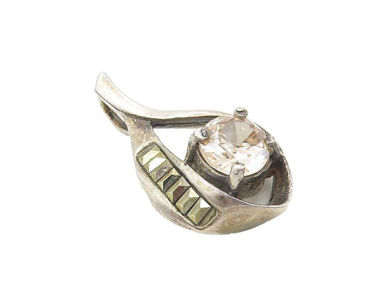925 Sterling Silver  Vintage Topaz & Marcasite Dark Tone Drop Pendant  PT9175