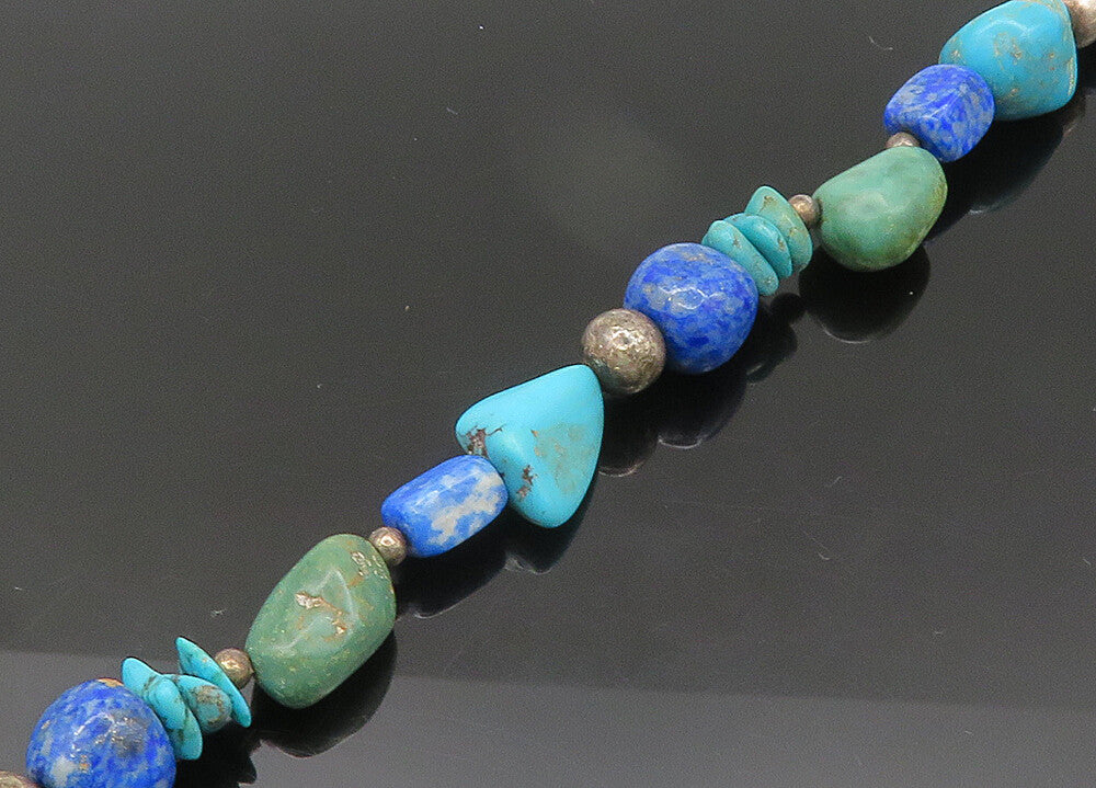 SOUTHWESTERN 925 Silver Vintage Turquoise & Lapis Lazuli Necklace NE3546