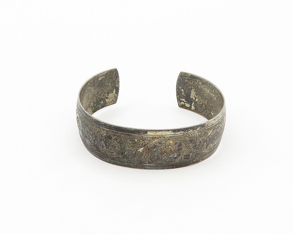 DANECRAFT 925 Silver  Vintage Dark Tone Floral Pattern Cuff Bracelet  BT6988
