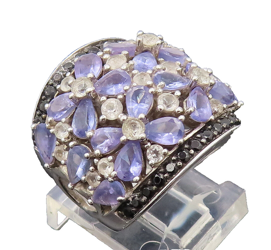 925 Silver  Vintage Floral Net Multi Color Topaz Broad Ring Sz 6.5  RG27091