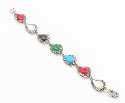 925 Silver Vintage Mother Of Pearl Turquoise & Multi Stone Bracelet BT3713