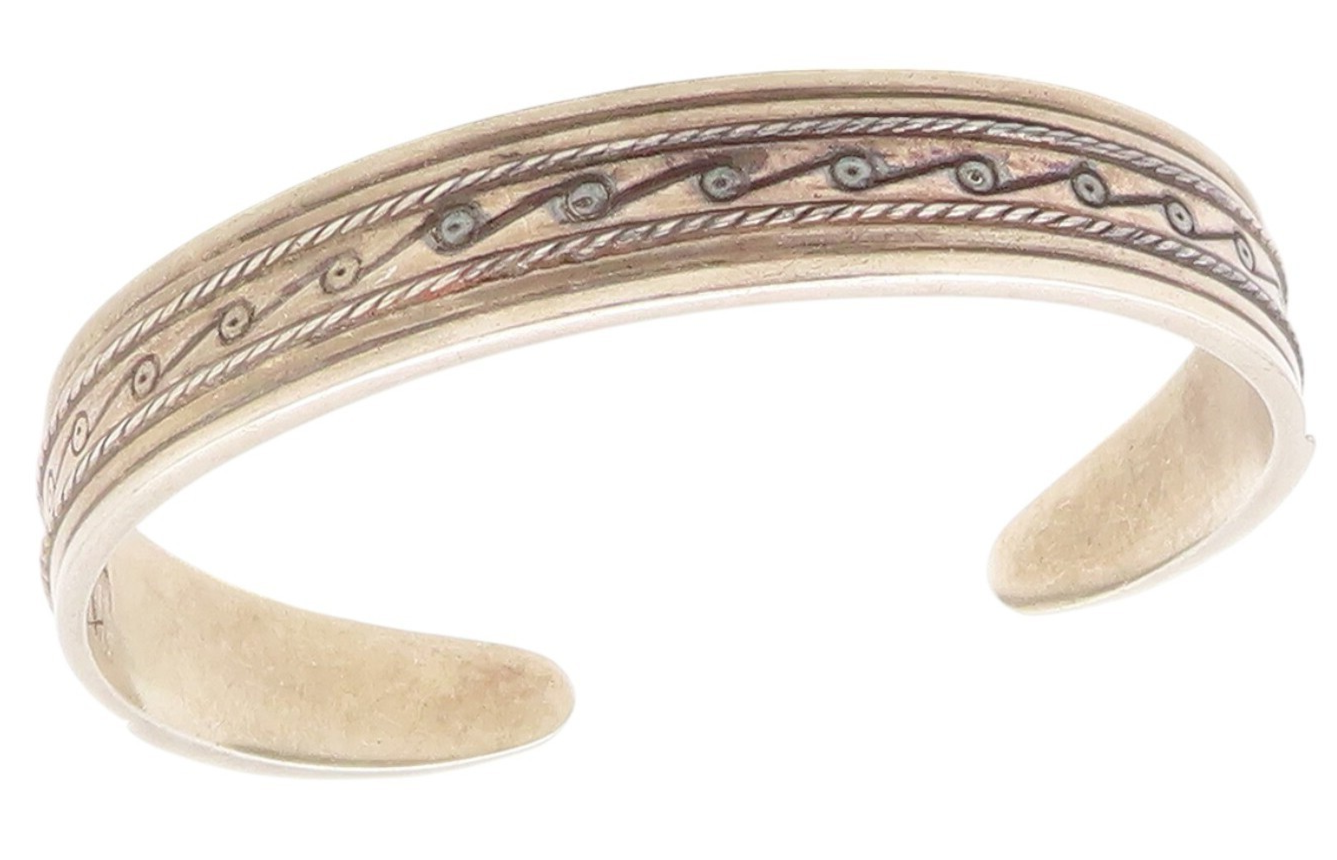 925 Sterling Silver Vintage Bracelet MMA Swirly Design Etched Cuff  BT11062