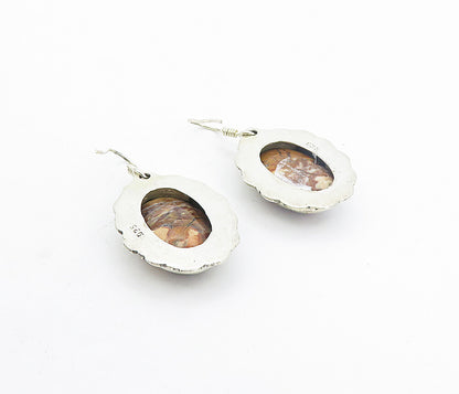 925 Sterling Silver  Vintage Cabochon Cut Brown Jasper Dangle Earrings  EG3724