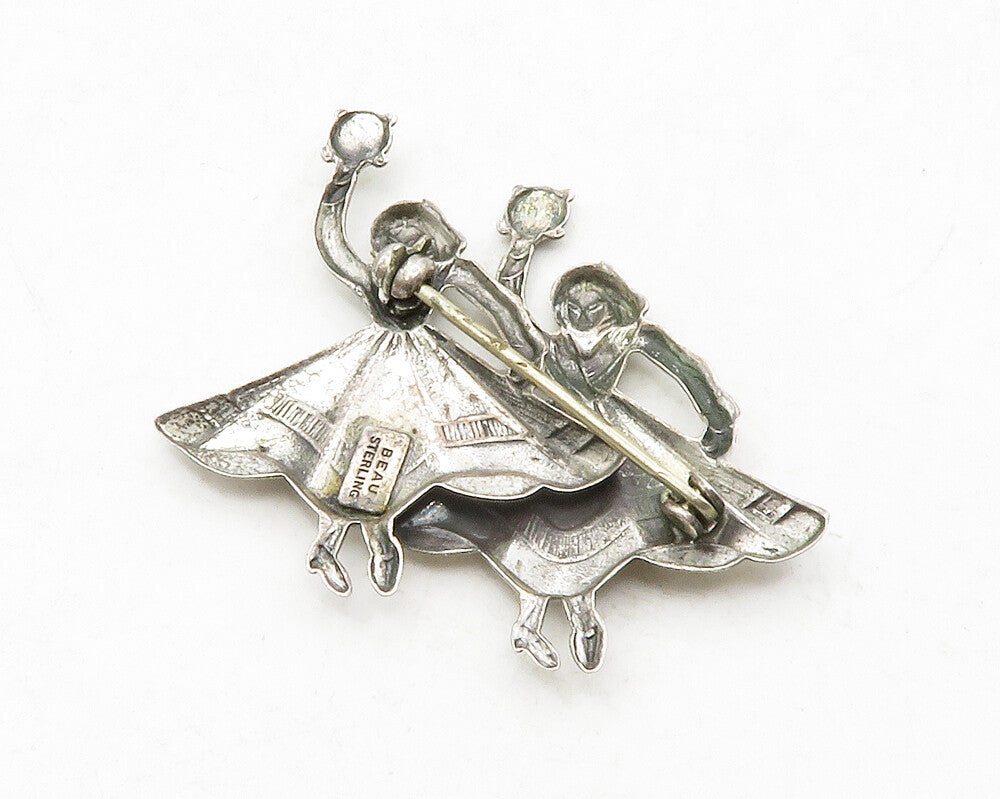BEAU 925 Sterling Silver  Vintage Women Dancing In Dresses Brooch Pin  BP4929