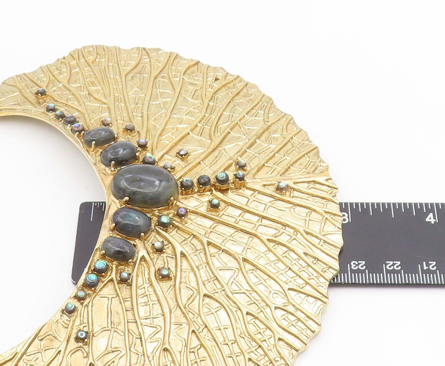 925 Sterling Silver Vintage Necklace Gold Plated Gemstone Textured Leaf  NE4696