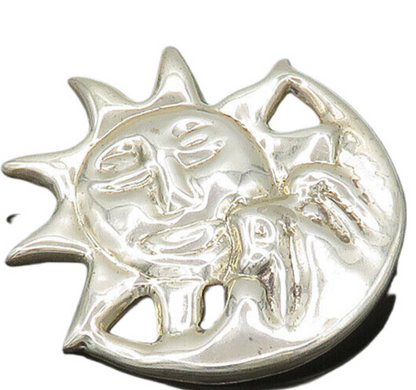 MEXICO 925 Sterling Silver  Vintage Shiny Sun & Moon Face Brooch Pin  BP7965