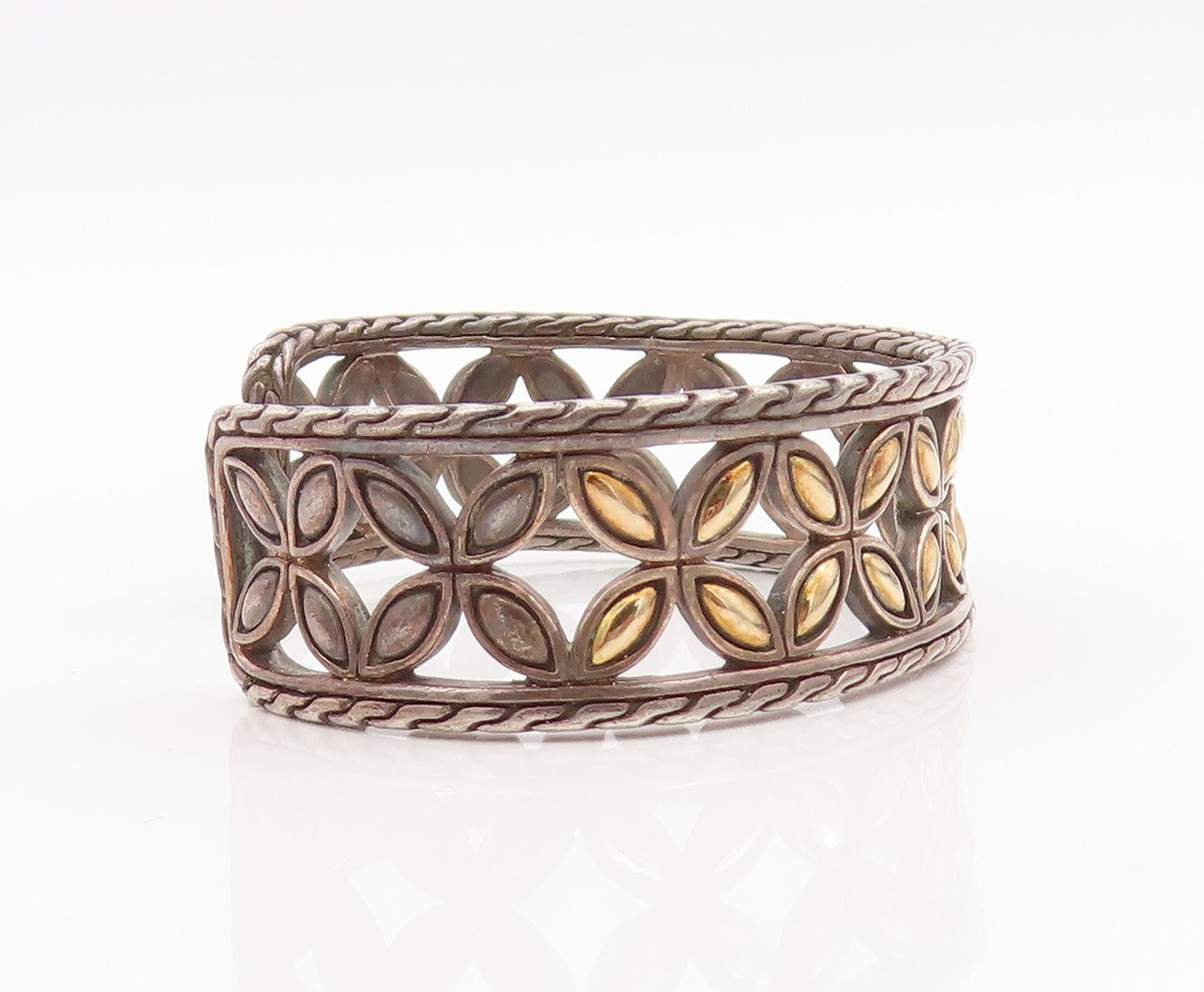18k Gold 925 Sterling Silver Vintage Bracelet JOHN HARDY Floral Cut Cuff BT10999