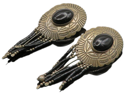 NAVAJO 925 Sterling Silver  Vintage Cabochon Black Onyx Drop Earrings  EG9867