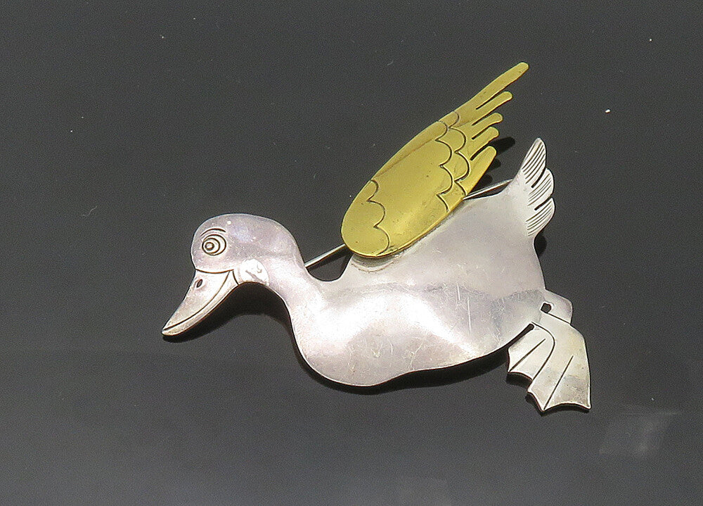 MEXICO 925 Sterling Silver  Vintage Two Tone Duck Motif Brooch Pin  BP8252