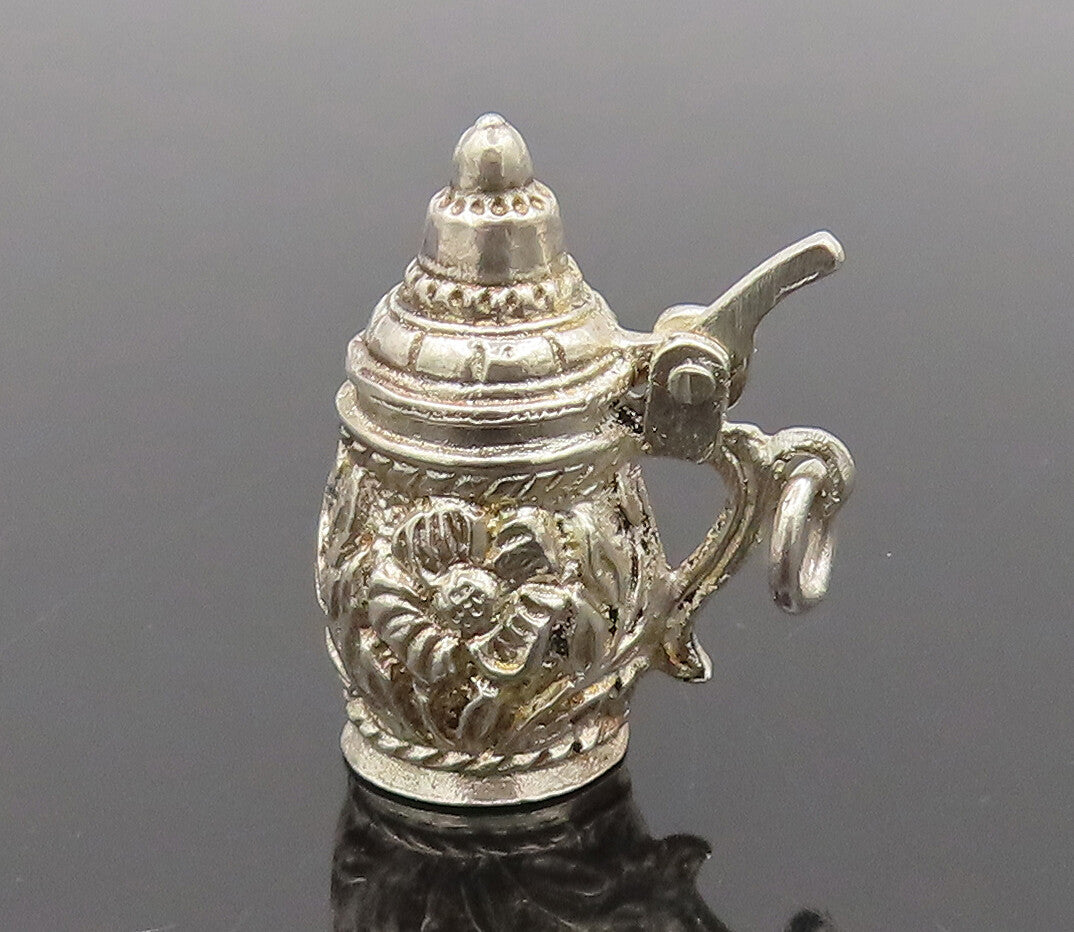 925 Silver  Vintage Floral Carved Water Jug Charm Pendant (OPENS)  PT22330
