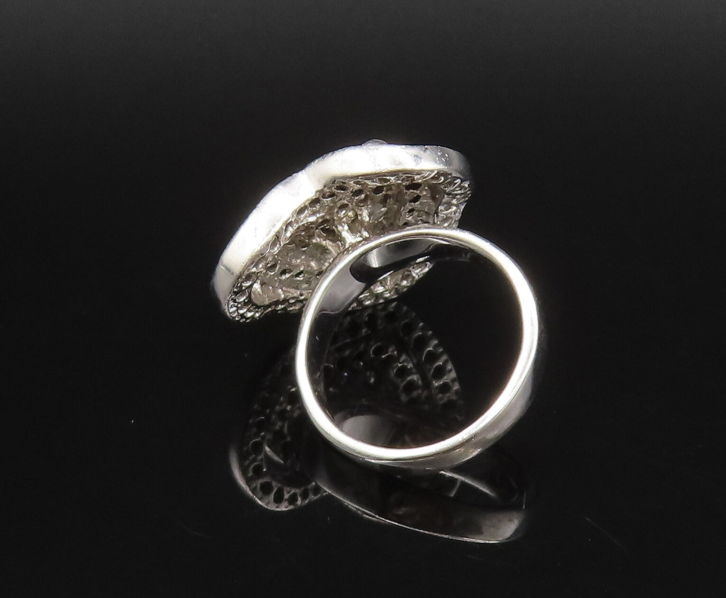 925 Silver  Vintage White Topaz & Black Spinel Heart Shaped Ring Sz 6  RG26031
