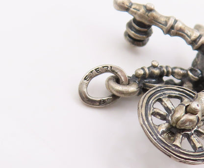 925 Sterling Silver Vintage Pendant BEAU Retro Sewing Spinning Wheel  PT25676