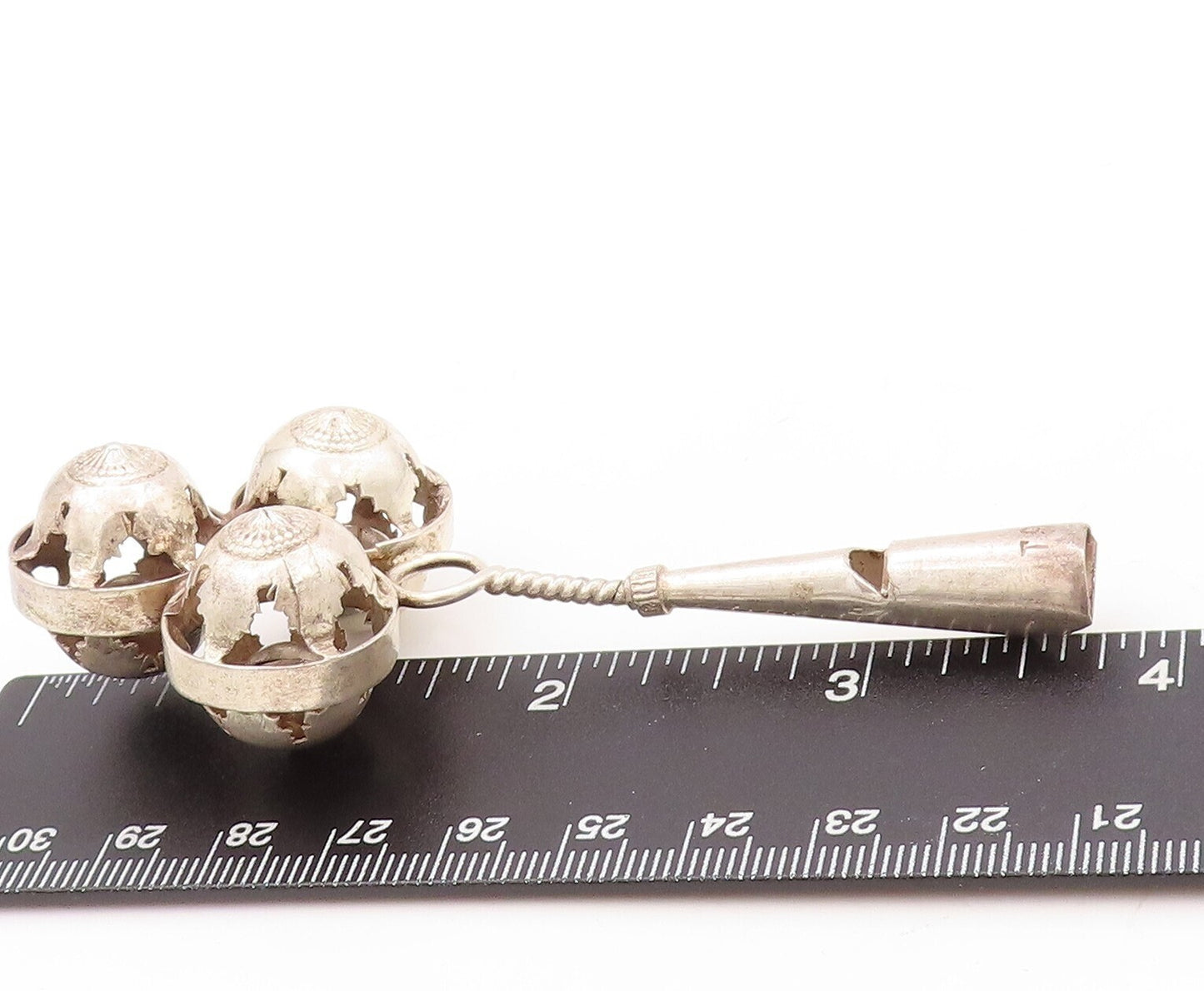 925 Sterling Silver Vintage Toy Solid Carved Rattling Baby Rattle  TR3813