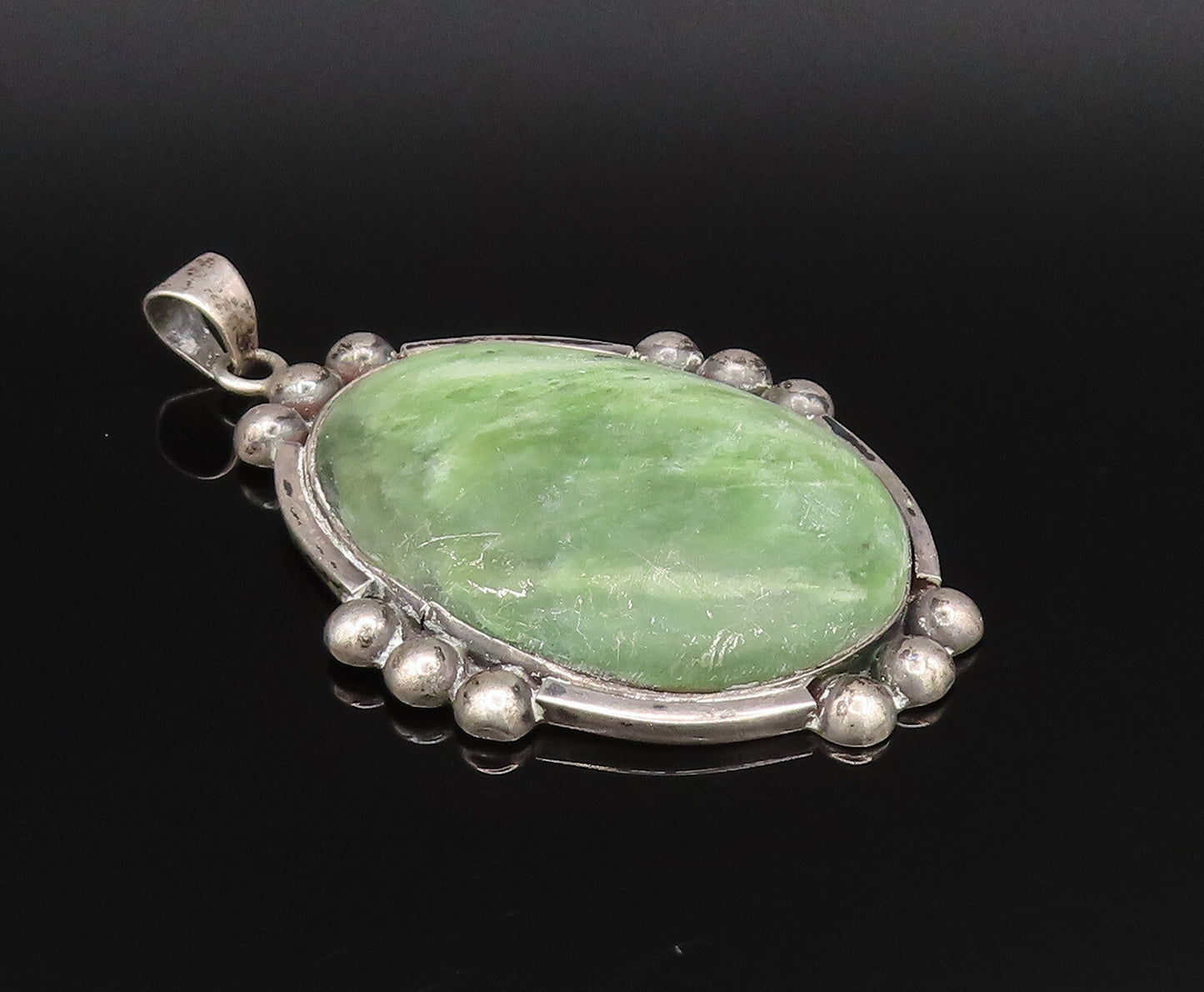 DAVID ALLENDE 925 Silver  Vintage Beaded Edge Green Jasper Pendant  PT21523