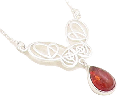 925 Sterling Silver  Cabochon Cut Amber Butterfly Thin Chain Necklace  NE1298