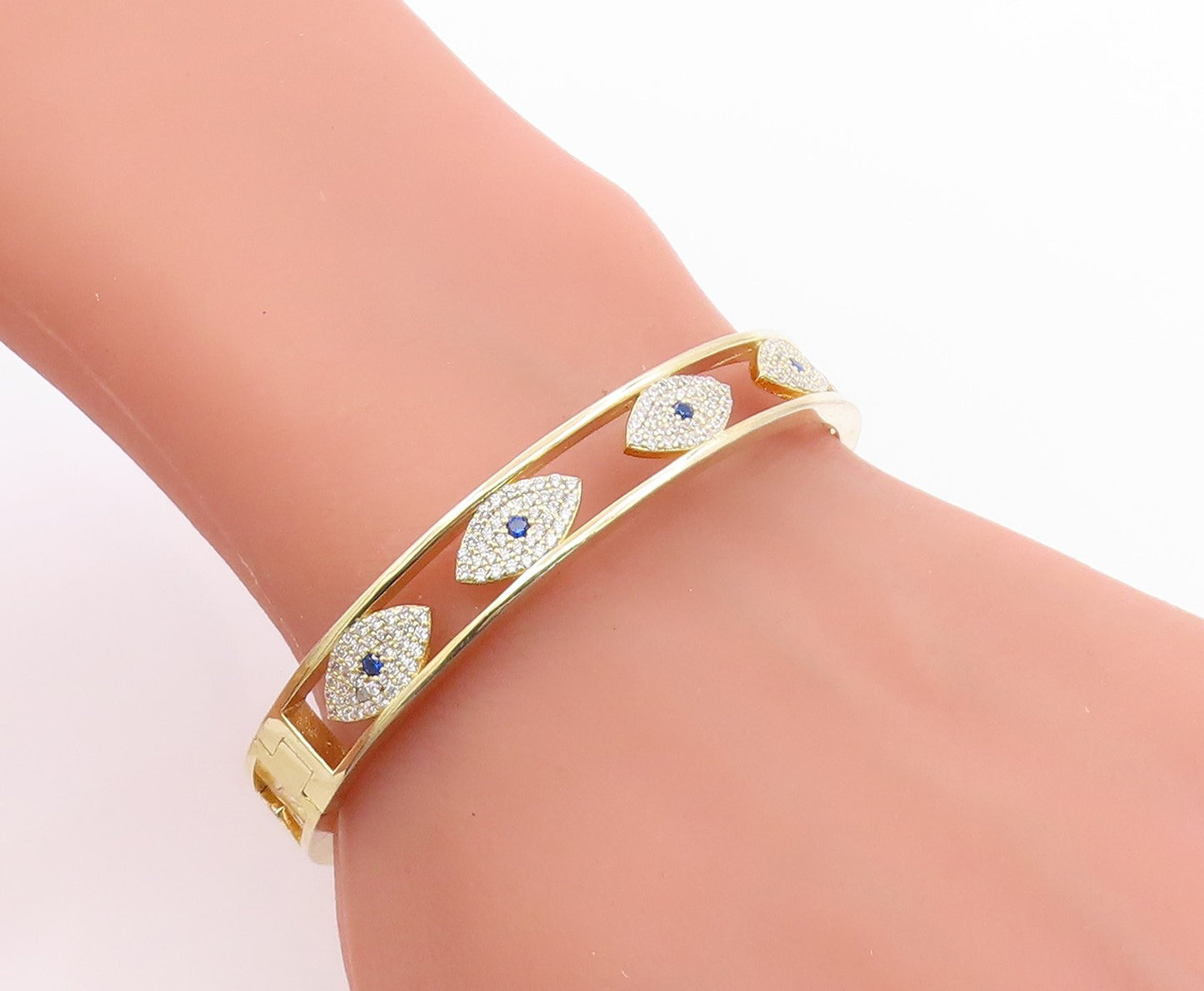 925 Sterling Silver Vintage Bracelet Gold Plated CZ Evil Eye Bangle  BT12004