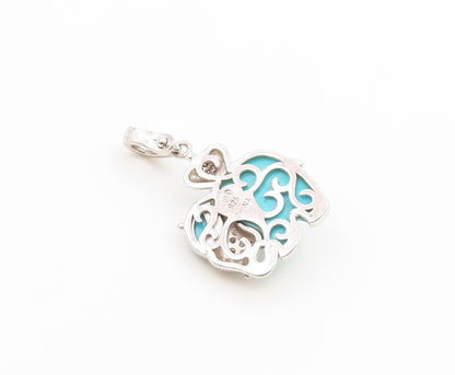 925 Sterling Silver Vintage Pendant Real Diamonds & Turquoise Elephant  PT26613