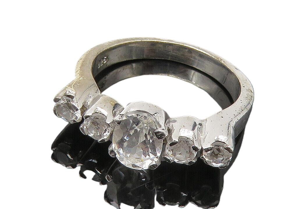 925 Sterling Silver  Prong Set White Topaz Polished Band Ring Sz 6  RG10469