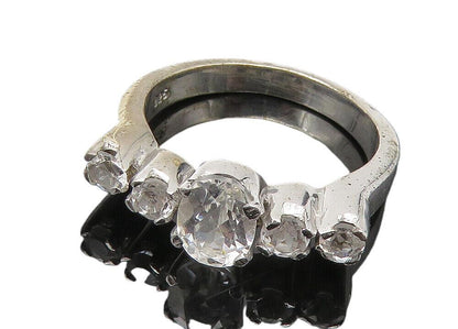 925 Sterling Silver  Prong Set White Topaz Polished Band Ring Sz 6  RG10469
