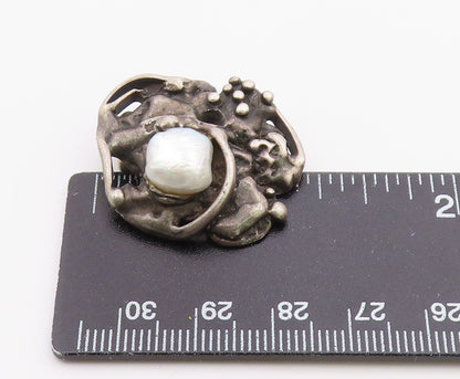925 Sterling Silver  Vintage Shiny Pearl Brutalist Sculpted Brooch Pin  BP7831