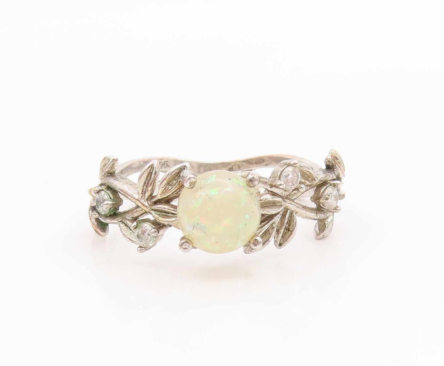925 Sterling Silver Vintage Ring Opal & Topaz Floral Leaf Band  Sz 9  RG35848