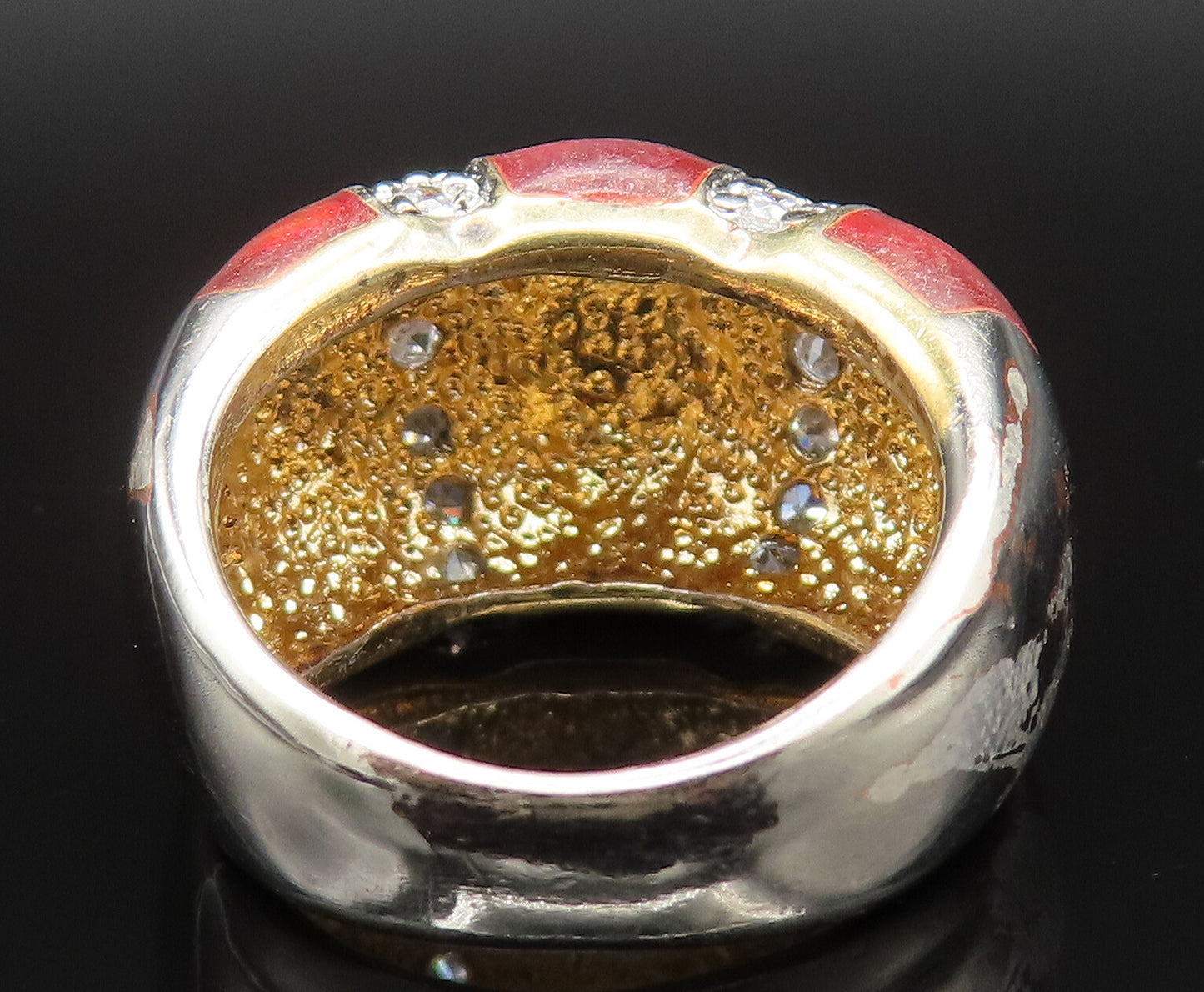 925 Sterling Silver  Vintage Enamel & Cubic Zirconia Dome Ring Sz 5  RG25379