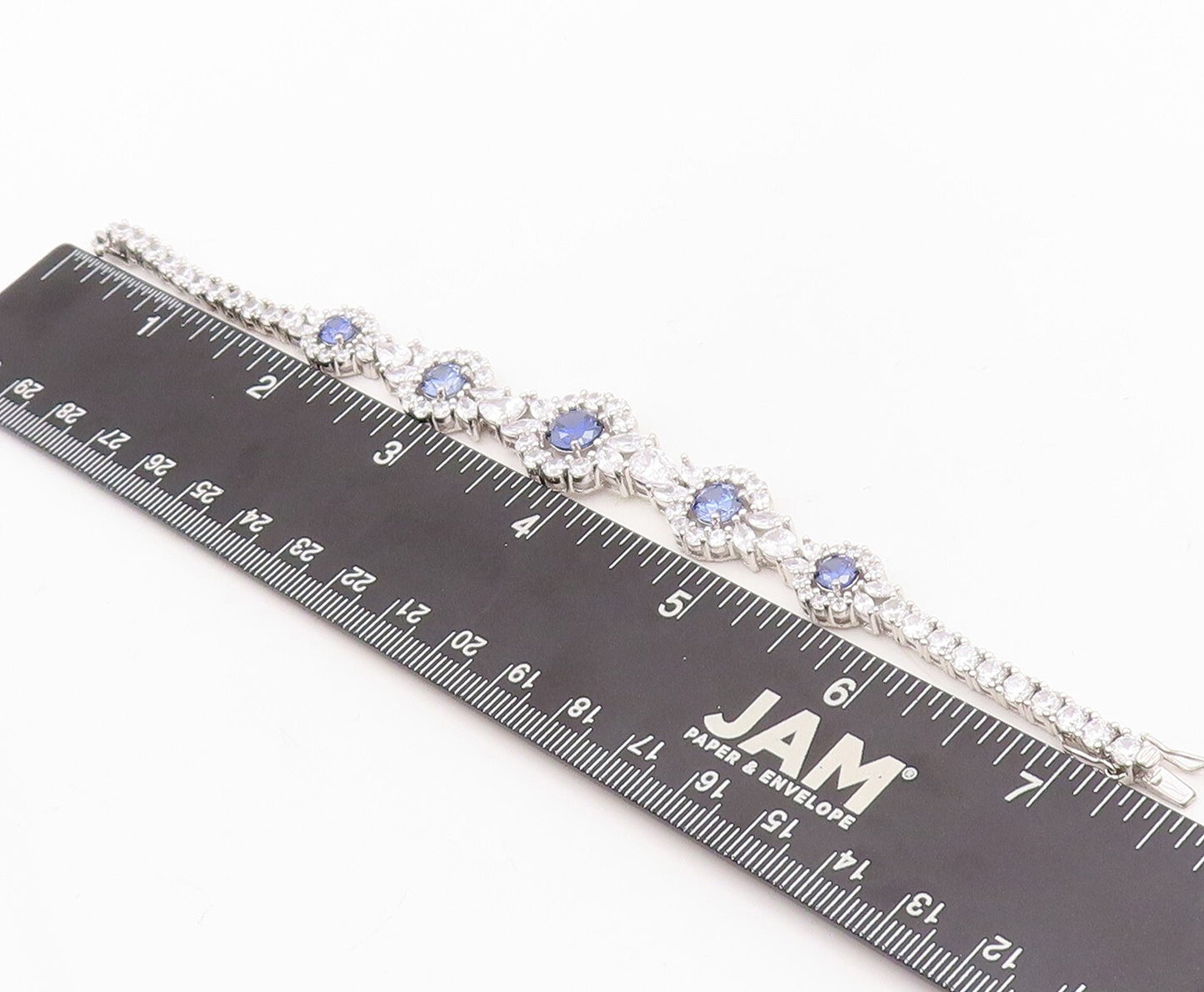 925 Sterling Silver Vintage Bracelet Cutout Floral Inlay Blue & White CZ BT10740