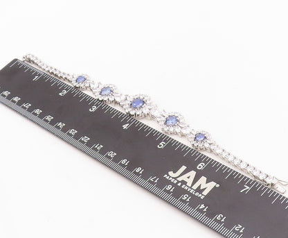 925 Sterling Silver Vintage Bracelet Cutout Floral Inlay Blue & White CZ BT10740