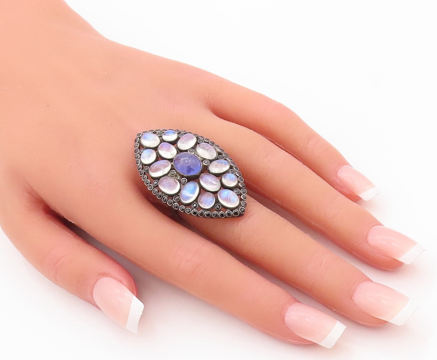 925 Sterling Silver Vintage Ring Oval Cabochon Moonstone & Spinel  Sz 7  RG29896