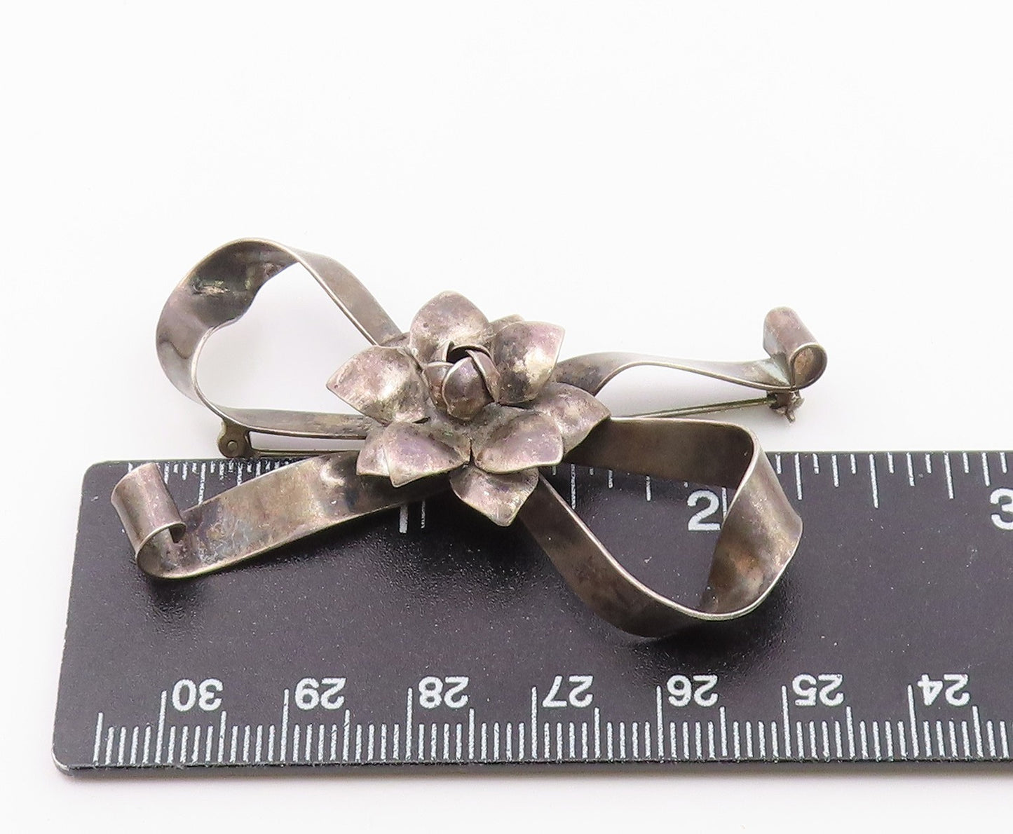 RAFFAELE 925 Silver  Vintage Dark Tone Floral Ribbon Bow Brooch Pin  BP4342