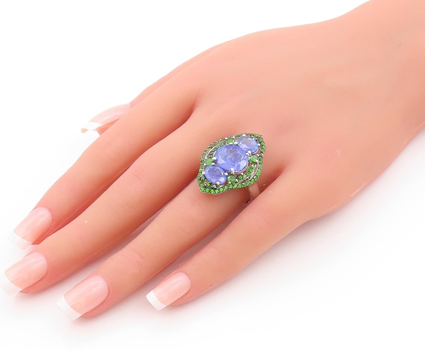 925 Sterling Silver Vintage Ring Tanzanite Halo Peridot Border  Sz 8.5  RG32521
