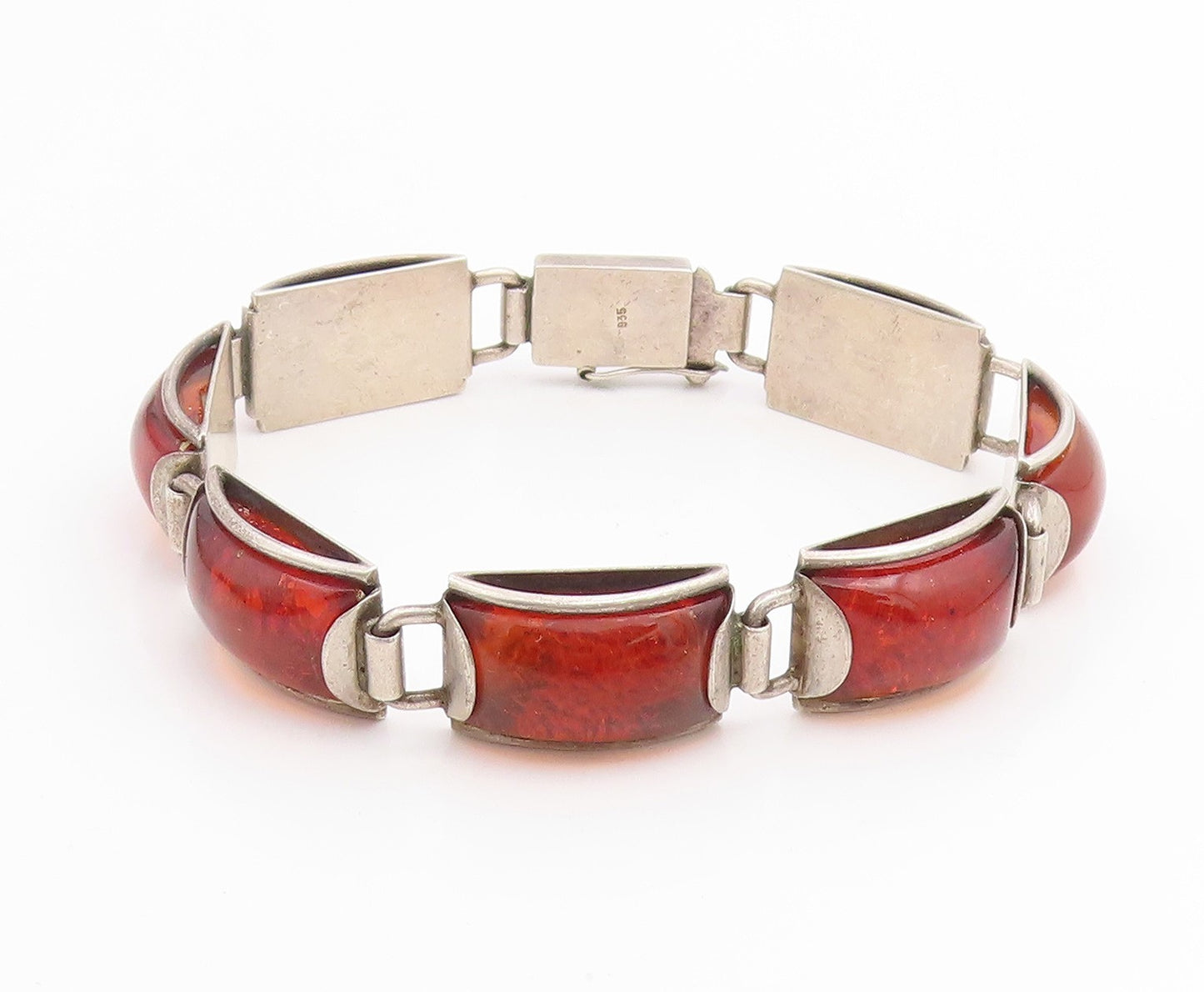 925 Sterling Silver Vintage Bracelet Classic Honey Amber Geometric Link  BT11851