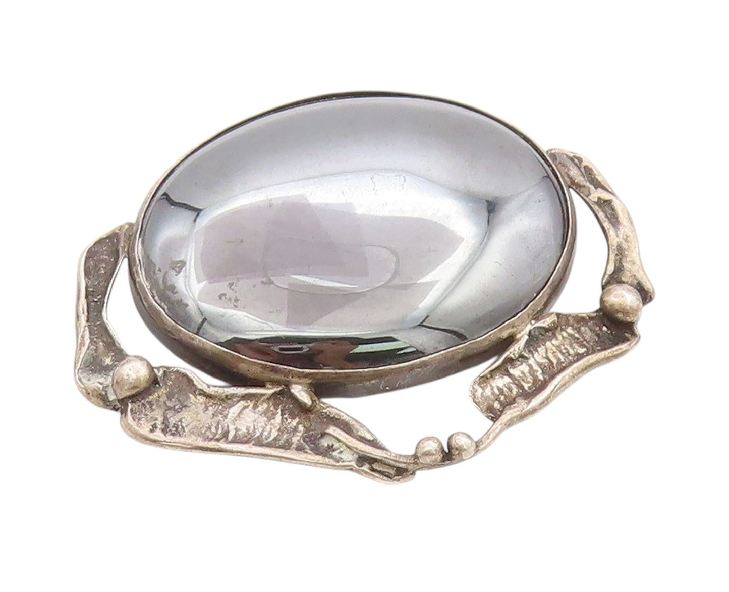 925 Sterling Silver Vintage Brooch Cabochon Hematite Pewter Dish Design  BP11850