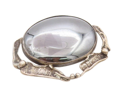 925 Sterling Silver Vintage Brooch Cabochon Hematite Pewter Dish Design  BP11850